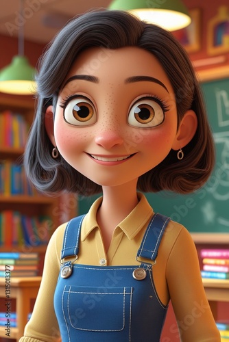 Happy Animated Teacher in Class with Colorful Educational Posters photo