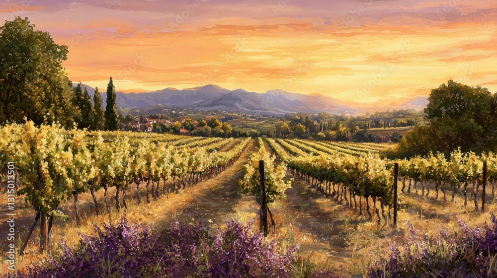 Naklejka premium The landscape captures a vibrant sunset casting golden hues over a lush vineyard. Rows of grapevines stretch towards rolling hills under a colorful sky, with lavender blooming nearby