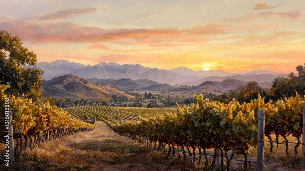 Fototapeta premium Golden light bathes lush grapevines as a breathtaking sunset paints the sky. Rolling hills and distant mountains create a tranquil backdrop for this picturesque vineyard