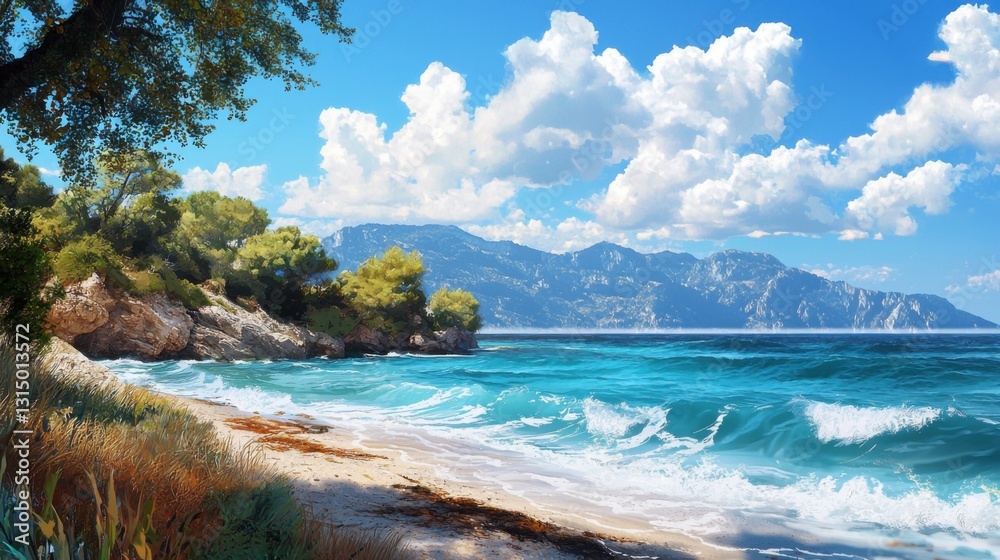 Fototapeta premium Breezy coastal setting features lively waves crashing on a sandy beach. Lush greenery lines the shore, complemented by distant mountains under a clear blue sky