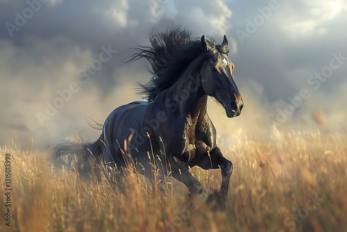 A wild stallion galloping across a grassy plain, mane flowing in the wind, a dramatic sky above, the horse free and powerful,