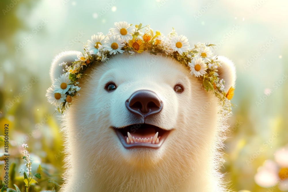 Fototapeta premium Cute baby animal polar bear wearing fierce flower wreath on its head. Summer happiness. Soft daylight. Happy wildlife in a meadow. Animal with floral elegance. Wild animal and soft floral glo.