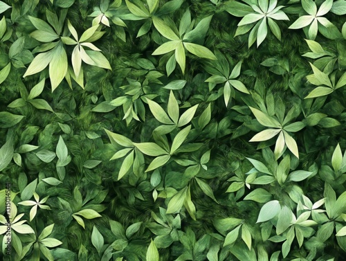 Seamless Pattern - Lush greenery creates a tranquil scene of vibrant leaves and leafy plants.