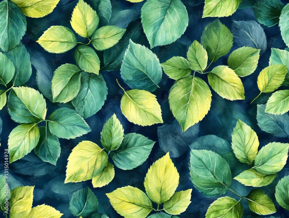 Fototapeta premium Seamless Pattern - Green leaves and dark blue background; organic, nature-inspired design.