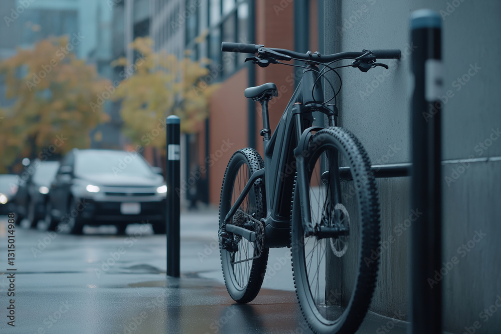 Bicycling along a city street in the rainy morning hours with parked cars nearby Bicycling along a city street in the rainy morning hours with parked cars nearby