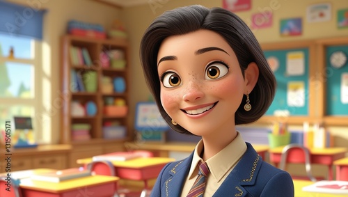 Friendly Female Cartoon Teacher in Classroom with Bright Atmosphere photo