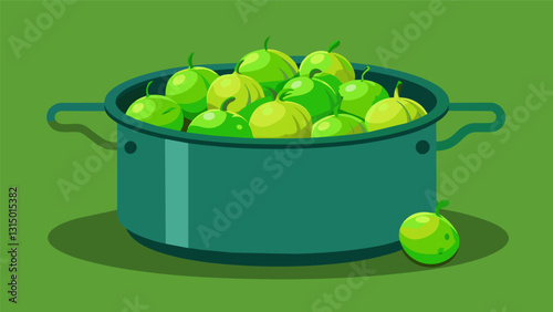 Vibrant green tomatillos cooking down in a pot ready to be blended into a tangy and y salsa verde.. Vector illustration