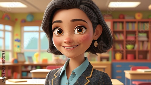 Friendly Female Cartoon Teacher in Classroom with Bright Atmosphere photo