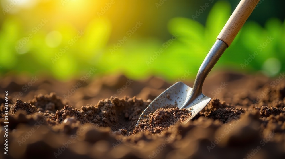 A small garden shovel rests in rich brown soil, bathed in the warm glow of sunlight, ready for planting seeds and nurturing new growth. A small garden shovel rests in rich brown soil, bathed in the warm glow of sunlight, ready for planting seeds and nurturing new growth.