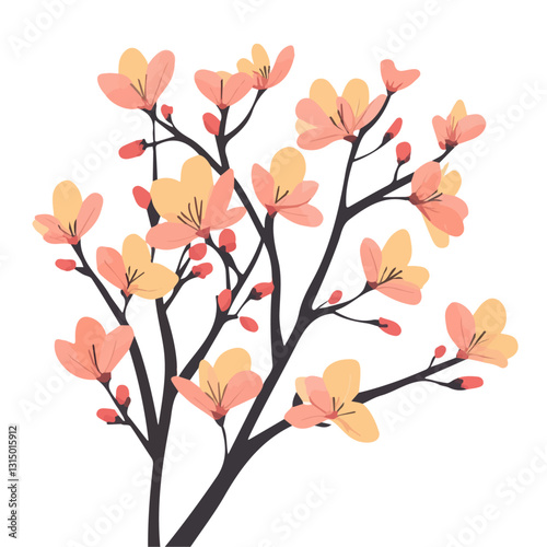 2D flat vector illustration morning sunlight over spring blossoms icon isolated on a white background.

