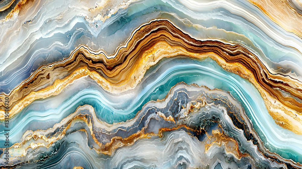 Fototapeta premium Abstract swirling marble texture background; gold, blue, brown veins. Design element for website, print