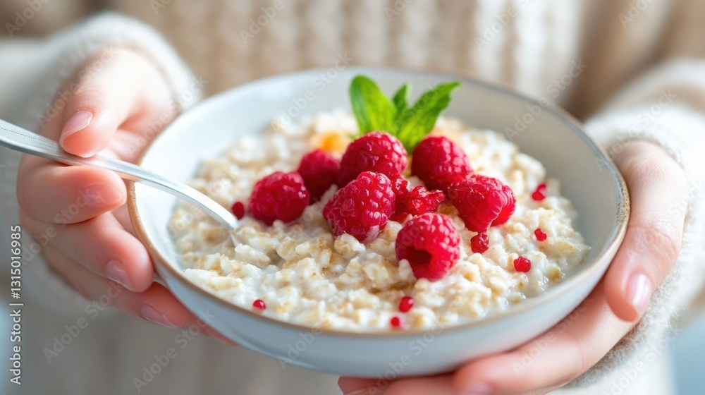 Close-up of hands holding a spoon and a plate of oatmeal. Close-up of hands holding a spoon and a plate of oatmeal.