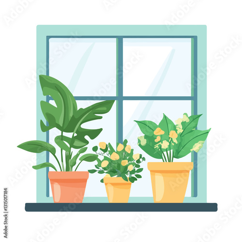 2D flat vector illustration potted plants in a window icon isolated on a white background.

