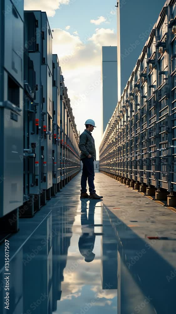 Symmetrical view of solar power station panel rows with sun flares Symmetrical view of solar power station panel rows with sun flares
