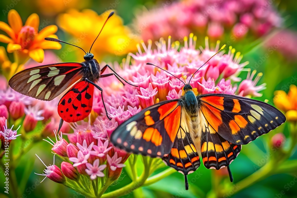 Fototapeta premium Vibrant Butterflies on Delicate Pink Flowers