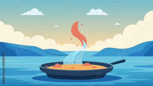 The steam rising from the paella pan adds to the ocean mist that blankets the shore creating a dreamy atmosphere that transports one to a seaside paradise.. Vector illustration