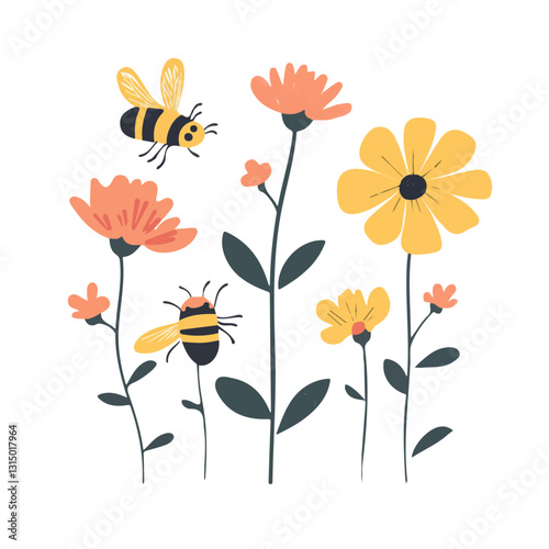 2D flat vector illustration small bees buzzing around flowers icon isolated on a white background.

