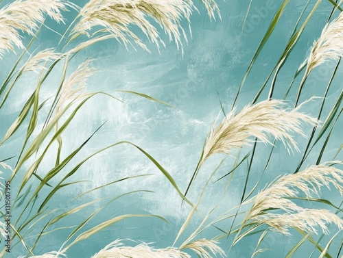 Seamless Pattern - Delicate reed plumes against a serene sky evoke nature's gentle beauty.