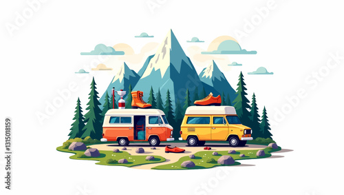 Mountain Camping Adventure: Two vintage camper vans are parked beside a mountain range, ready for an exciting adventure.  The scene is idyllic.