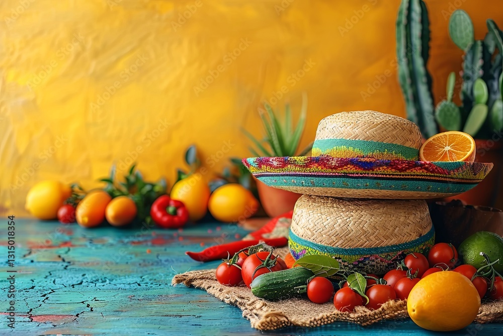 Mexican Sombrero with Fresh Produce on Vibrant Background