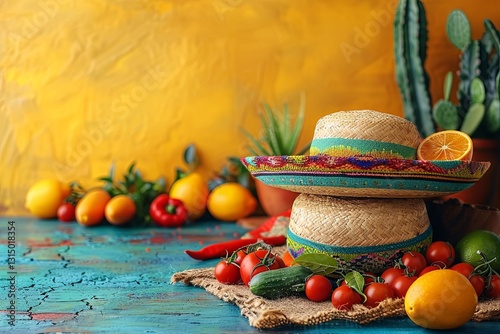 Obraz na płótnie Mexican Sombrero with Fresh Produce on Vibrant Background w salonie