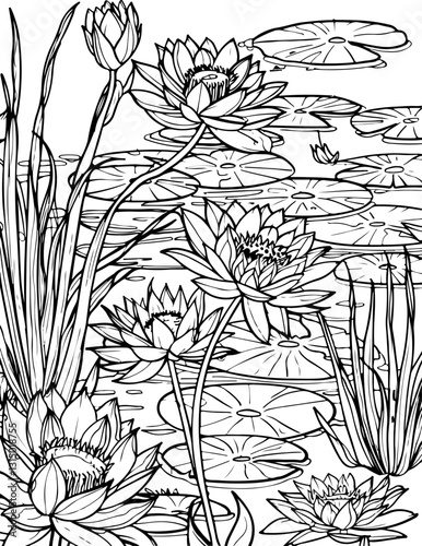 water gardens, coloring page, sketch, vector, landscape, drawing, illustration, house, architecture, city, vintage, old, building, art, street, tree, town, italy, ancient, travel, nature, village, far