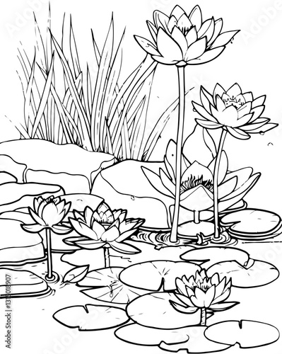 water gardens, coloring page, sketch, vector, landscape, drawing, illustration, house, architecture, city, vintage, old, building, art, street, tree, town, italy, ancient, travel, nature, village, far
