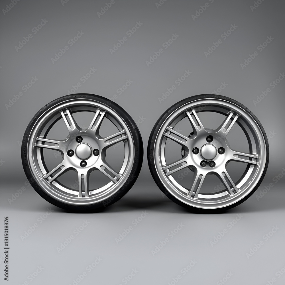 Naklejka premium Complete set of car wheels, grey background