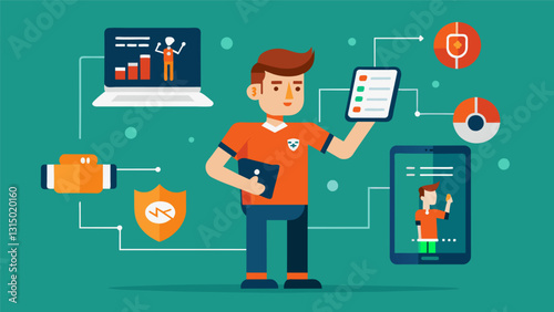 Thanks to realtime data feeds coaches and players can quickly access and review statistics on their tablets or phones allowing them to make instant decisions on the field.. Vector illustration