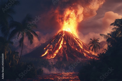 Erupting volcano surrounded by lush vegetation and palm trees, emitting lava and ash.