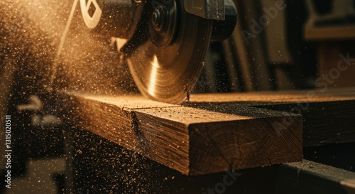 Circular Saw Cutting Through Wood with Fine Sawdust