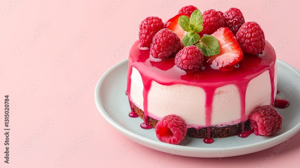 A delicious raspberry cheesecake topped with fresh raspberries and mint, presented on a light pink background. A delicious raspberry cheesecake topped with fresh raspberries and mint, presented on a light pink background.
