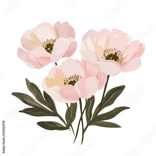 2D flat vector illustration soft pink peonies icon isolated on a white background.


