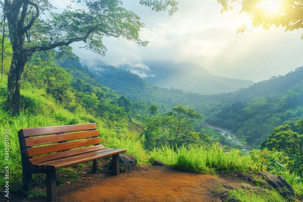 Serene Outdoor Landscape with Wooden Bench Surrounded by Nature