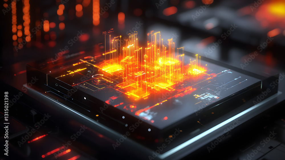 Fototapeta premium A digital intelligence interface floating in a glowing, neon environment, visualizing complex algorithms and data flows in real-time.