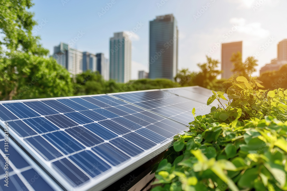 Fototapeta premium Solar panels capture sunlight in urban garden amid city skyline during afternoon