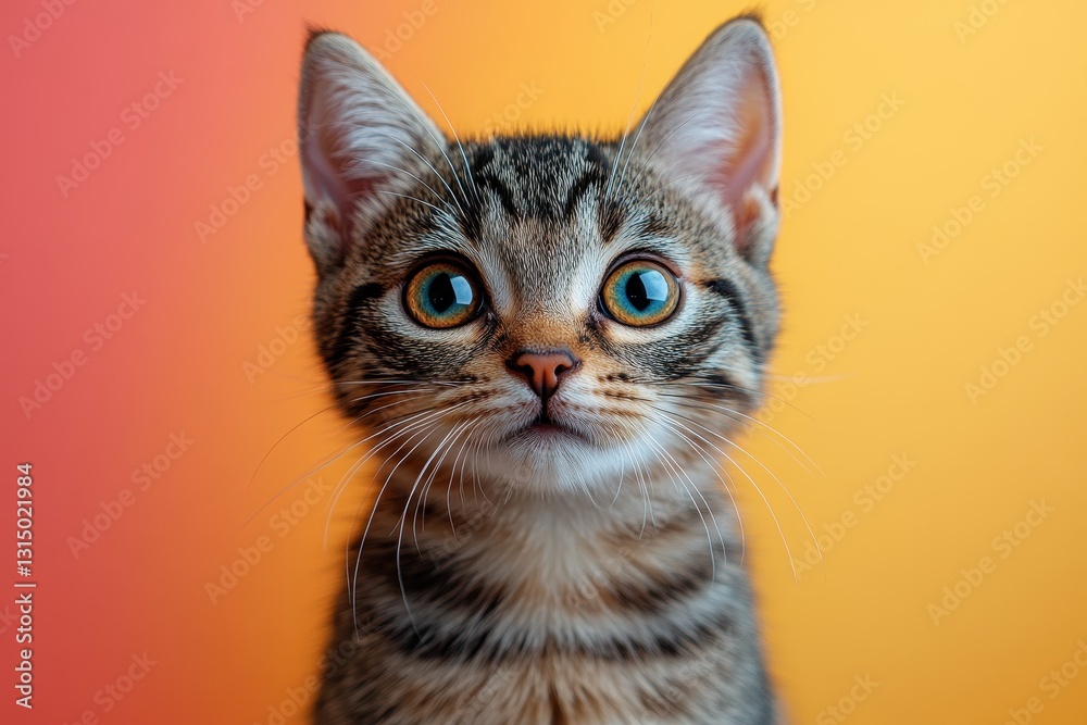 Cute striped kitten gazes curiously with vibrant orange background during indoor photo session Cute striped kitten gazes curiously with vibrant orange background during indoor photo session