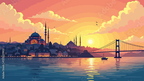Istanbul Sunset: A serene and vibrant cityscape silhouette against a fiery sunset sky with the iconic Bosphorus Bridge and a sailboat gliding on the water.  
