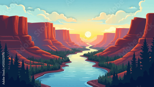 A breathtaking landscape of a river flowing through a canyon at sunset, showcasing the beauty of nature and dramatic scenery.