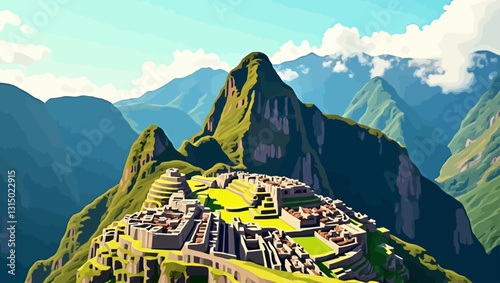 Machu Picchu's Majesty: An illustration of the ancient Inca citadel, Machu Picchu, perched majestically atop a lush mountain, the towering peaks rising to the sky.