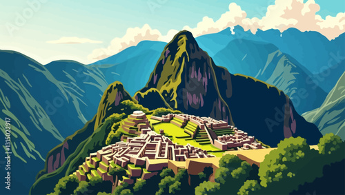 Machu Picchu's Majestic Mountain: A vibrant illustration of the ancient Incan citadel of Machu Picchu, nestled high in the Peruvian Andes, surrounded by breathtaking mountain vistas and verdant hills.