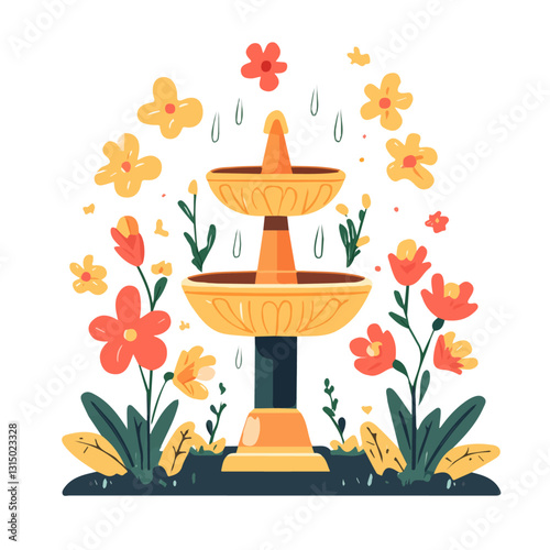 2D flat vector illustration spring flowers blooming around a fountain icon isolated on a white background.


