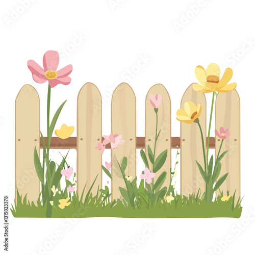 2D flat vector illustration spring flowers growing along a fence icon isolated on a white background.

