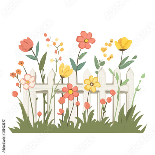 2D flat vector illustration spring flowers growing along a fence icon isolated on a white background.

