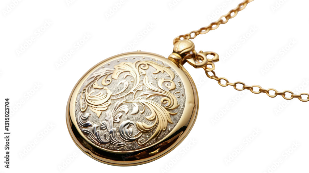 Golden pocket watch with floral design and chain on transparent background Golden pocket watch with floral design and chain on transparent background