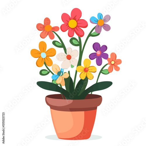 2D flat vector illustration spring flowers in a small pot icon isolated on a white background.

