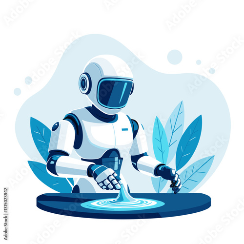 Robot handling liquids in blue and white colors in flat design, concept of AI in laboratory automation and fluid management