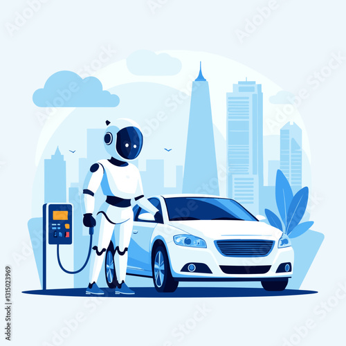 Robot refueling a car in blue and white colors in flat design, concept of AI in automotive automation