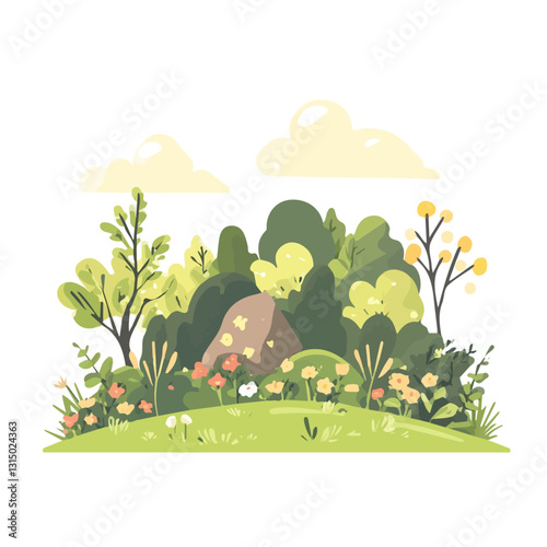 2D flat vector illustration spring fog over a garden icon isolated on a white background.

