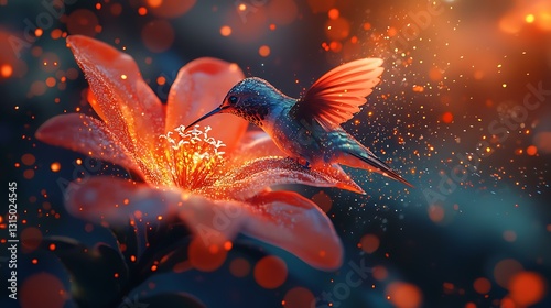 A close-up of a hummingbird feeding on a glowing flower, macro photography style